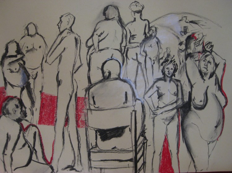 Models interspersed amongst artists